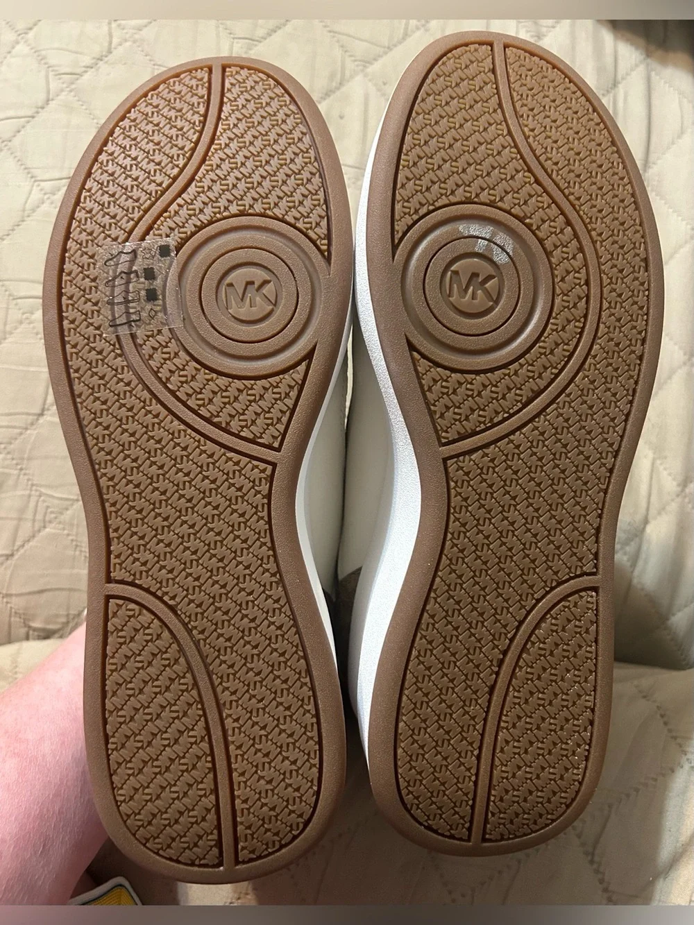 Michael Kors Emmy Mixed Media Wedge Trainer Sneaker Husk Olive Gold 9.5